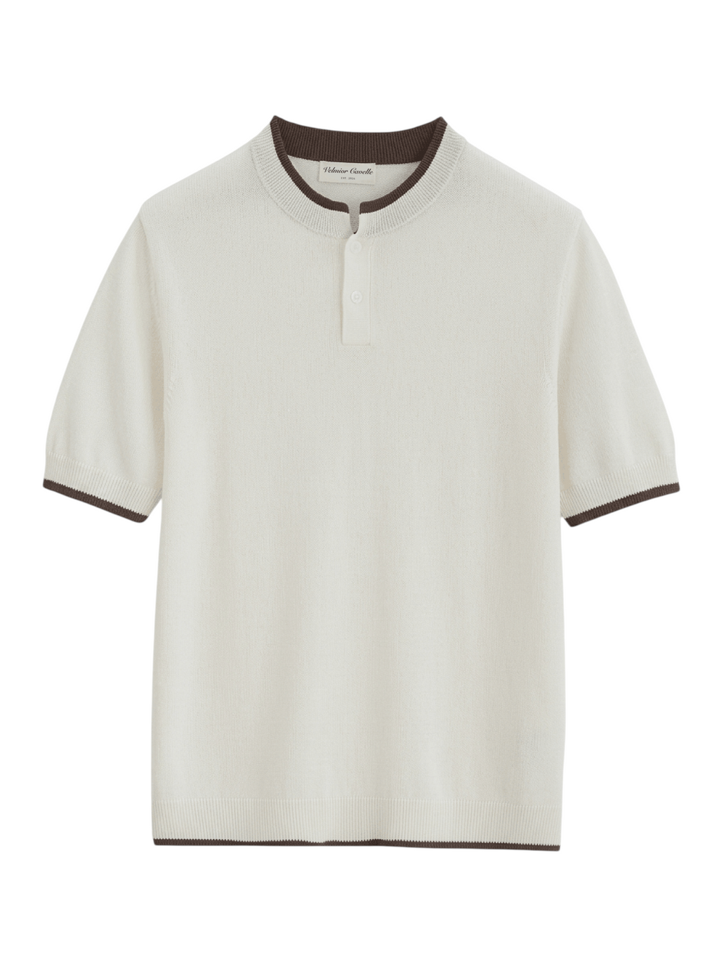 Velmior Cavelle Marina Button T-Shirt in cream cotton knit with brown contrast trim and short sleeves