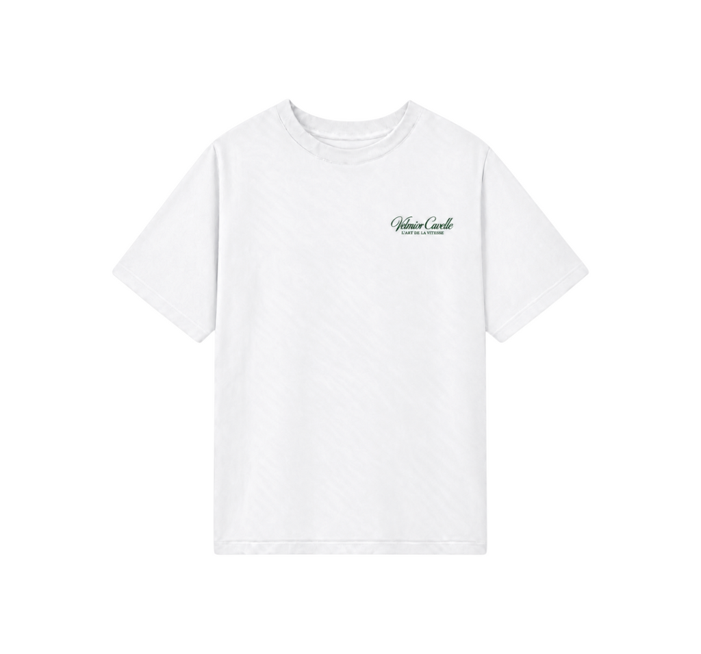 Velmior Cavelle white cotton crew neck t-shirt with small green logo embroidery on the chest.