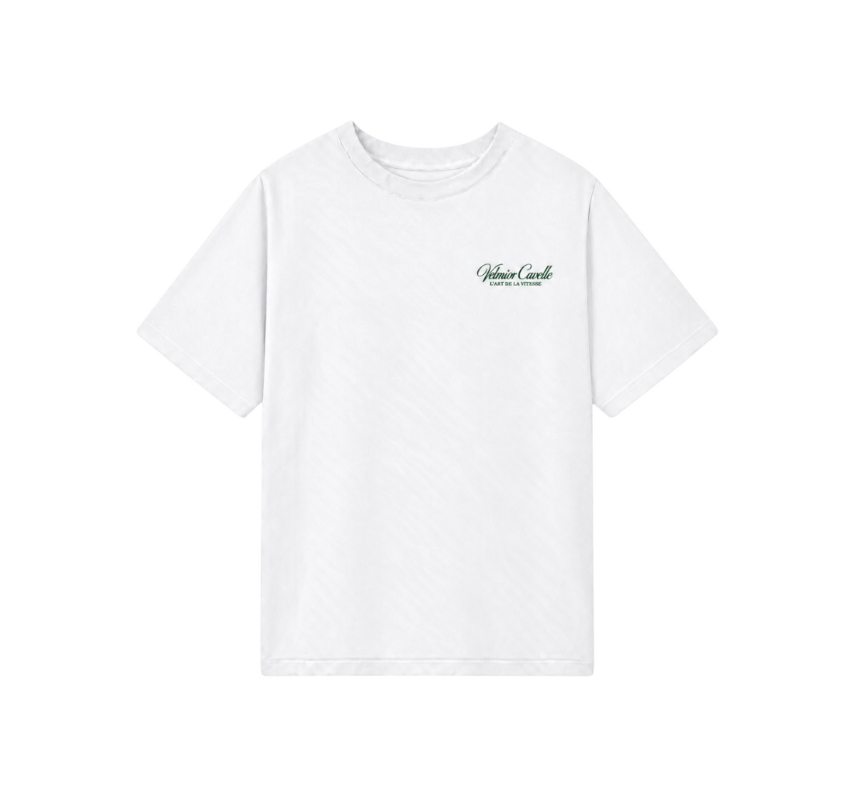 Velmior Cavelle white cotton crew neck t-shirt with small green logo embroidery on the chest.