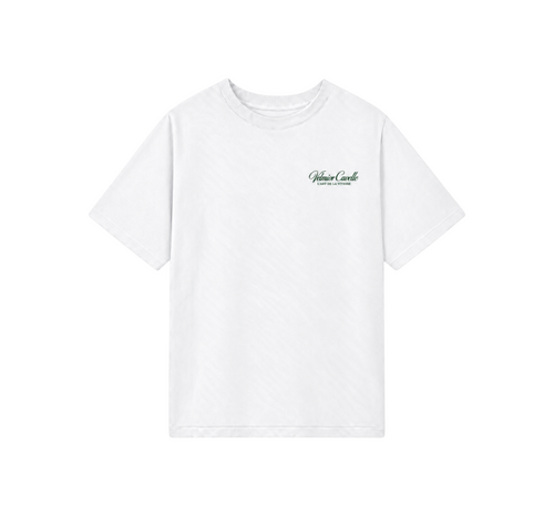 Velmior Cavelle white cotton crew neck t-shirt with small green logo embroidery on the chest.