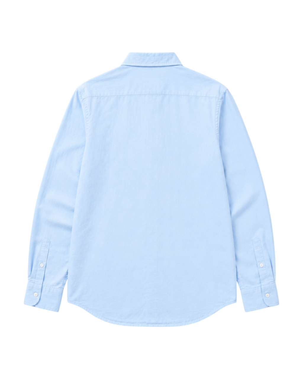 Back view of a Velmior Cavelle baby blue long-sleeve shirt in premium European linen with a classic collar.