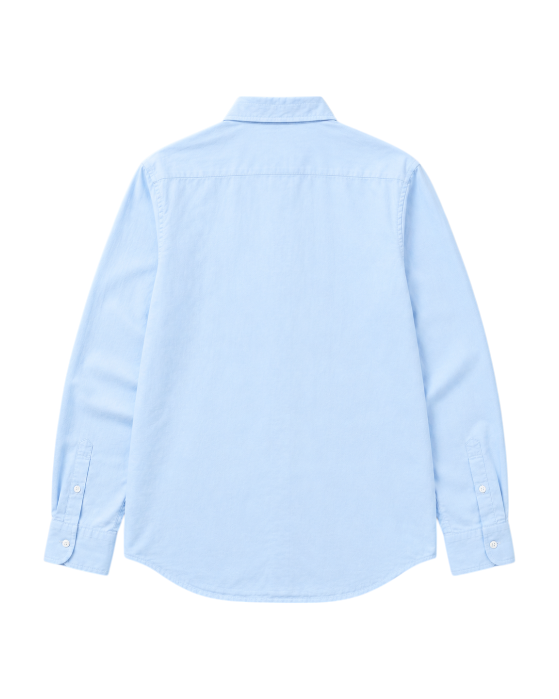 Back view of a Velmior Cavelle baby blue long-sleeve shirt in premium European linen with a classic collar.