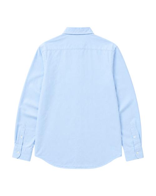 Back view of a Velmior Cavelle baby blue long-sleeve shirt in premium European linen with a classic collar.