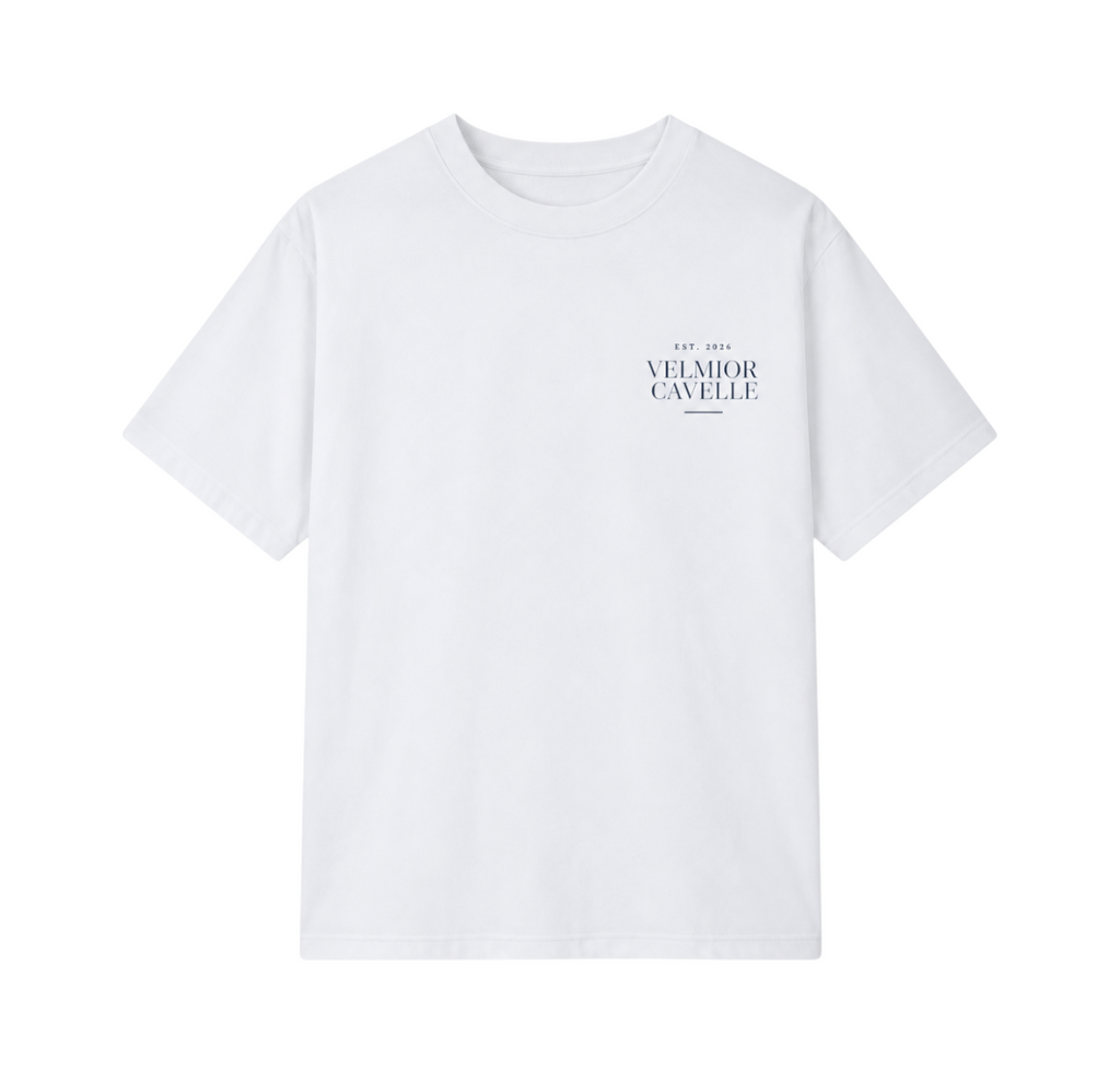 Velmior Cavelle white Mediterranean Summer T-Shirt with a minimalist navy logo on the chest