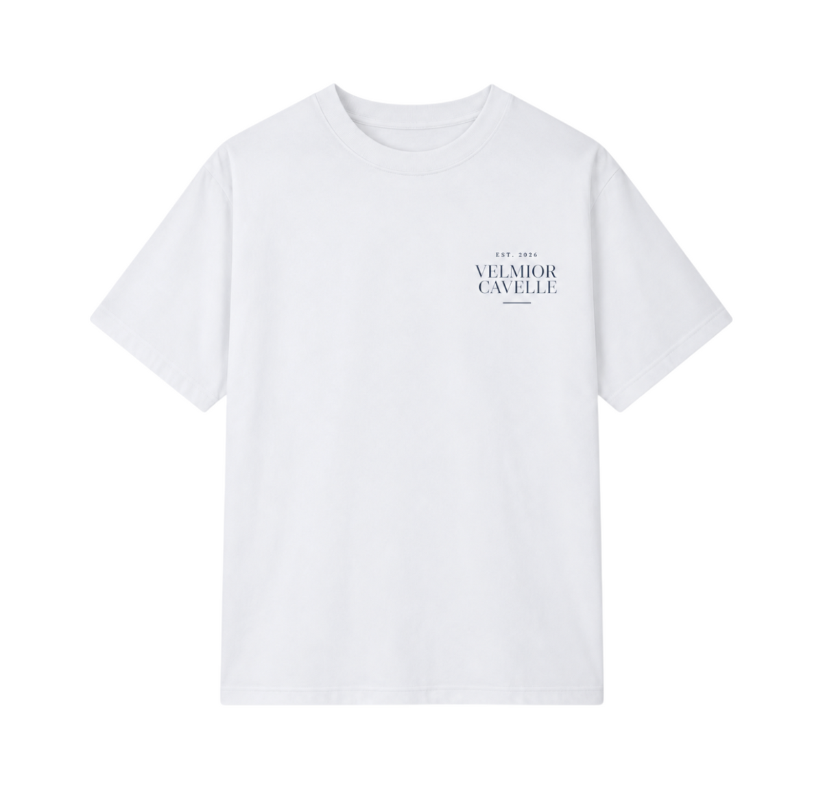 Velmior Cavelle white Mediterranean Summer T-Shirt with a minimalist navy logo on the chest