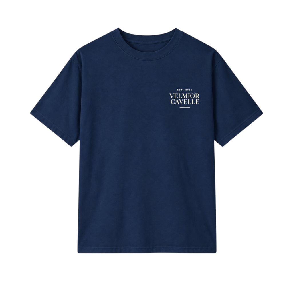 Velmior Cavelle navy blue minimalist cotton t-shirt with a small white logo on the chest