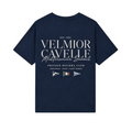 Velmior Cavelle navy blue cotton t-shirt with white Mediterranean Summer graphic print on the back