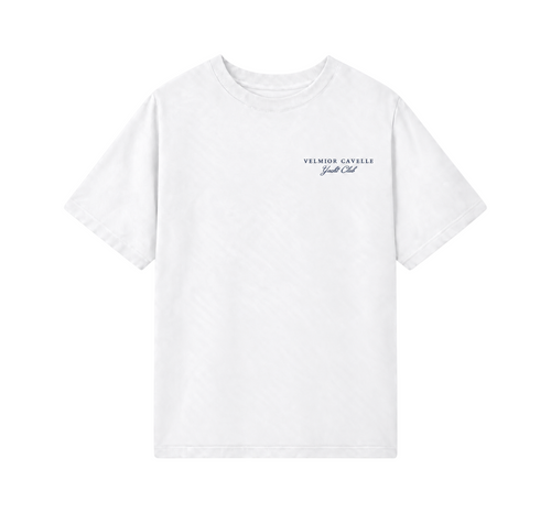 Velmior Cavelle white cotton Yacht Club t-shirt with minimalist chest embroidery on a clean background