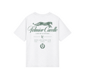 Velmior Cavelle white cotton t-shirt with green graphic print of a leopard and racing club branding on the back