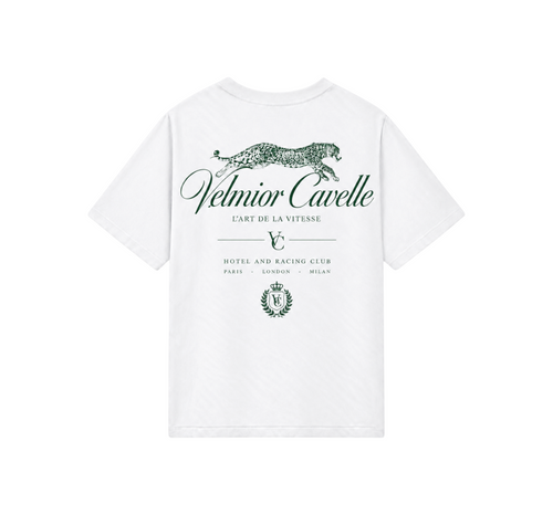 Velmior Cavelle white cotton t-shirt with green graphic print of a leopard and racing club branding on the back