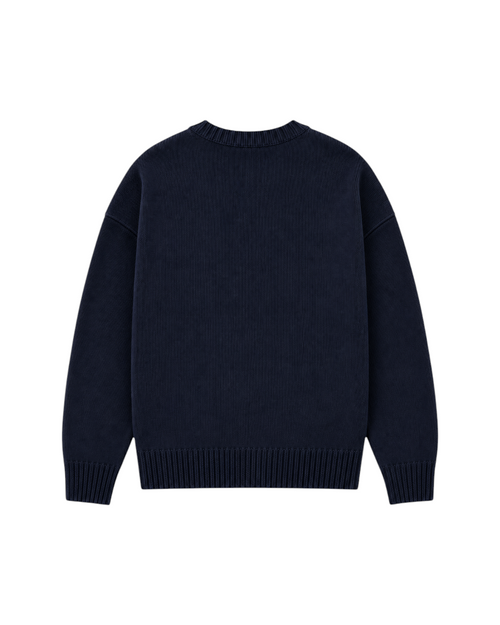 Back view of a navy blue Velmior Cavelle crewneck sweater featuring a ribbed hem and cuffs in a minimalist design.