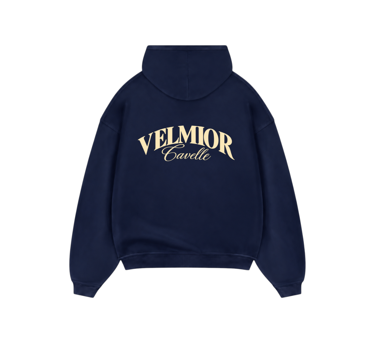 Velmior Cavelle navy heritage hoodie with cream logo lettering on the back, featuring a relaxed fit and hood.