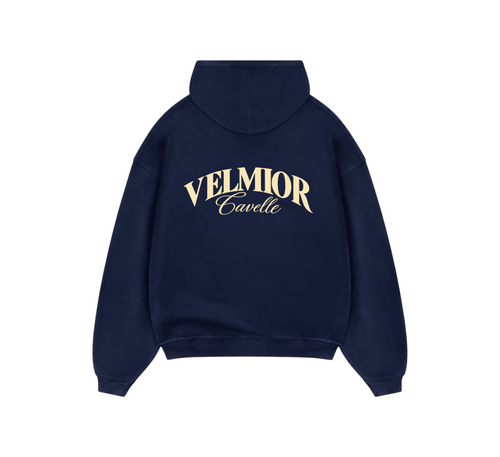Velmior Cavelle navy heritage hoodie with cream logo lettering on the back, featuring a relaxed fit and hood.