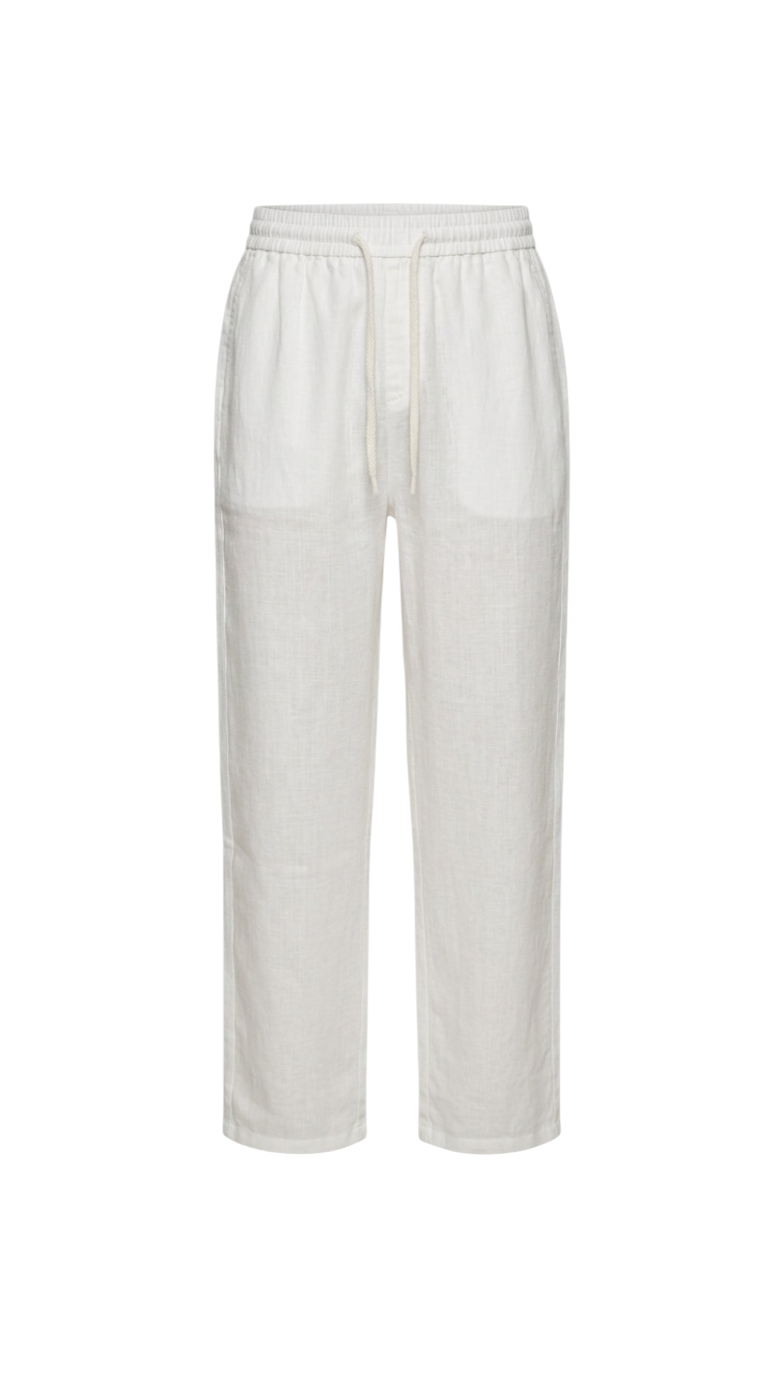 Velmior Cavelle relaxed fit white linen pants with an elasticated drawstring waist and side pockets.