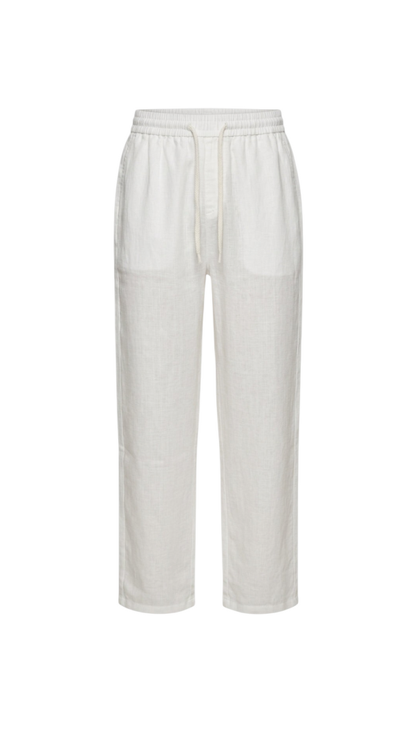 Velmior Cavelle relaxed fit white linen pants with an elasticated drawstring waist and side pockets.