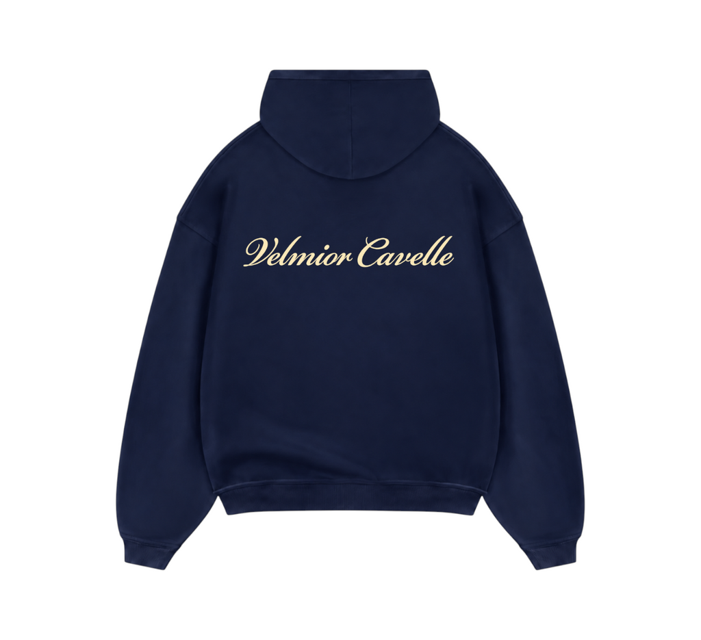 Velmior Cavelle navy blue Maison de Luxe hoodie with cream script logo on the back, featuring a minimalist design.