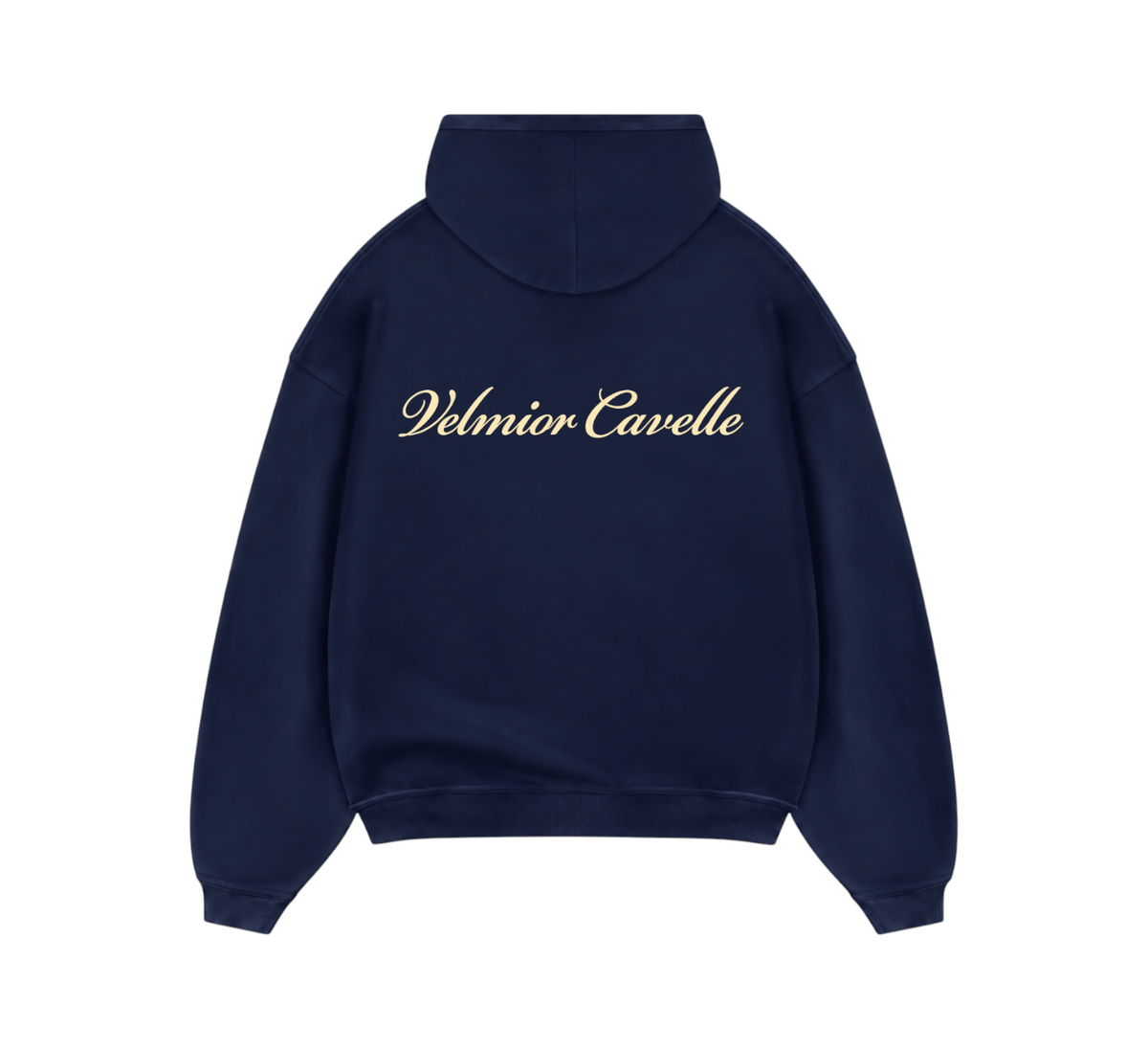 Velmior Cavelle navy blue Maison de Luxe hoodie with cream script logo on the back, featuring a minimalist design.
