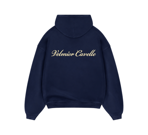 Velmior Cavelle navy blue Maison de Luxe hoodie with cream script logo on the back, featuring a minimalist design.