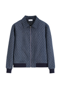 Velmior Cavelle vintage patterned zip-up jacket in navy blue with a structured collar and ribbed cuffs.
