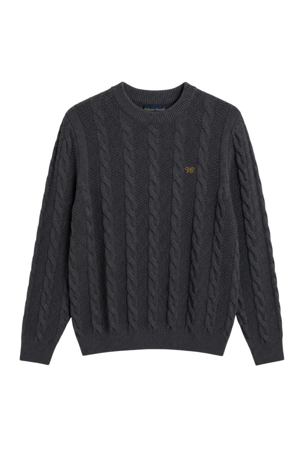 Velmior Cavelle charcoal grey wool blend cable knit sweater with a classic crew neck and embroidered logo detail.