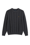 Velmior Cavelle charcoal grey wool blend cable knit sweater with a classic crew neck and embroidered logo detail.