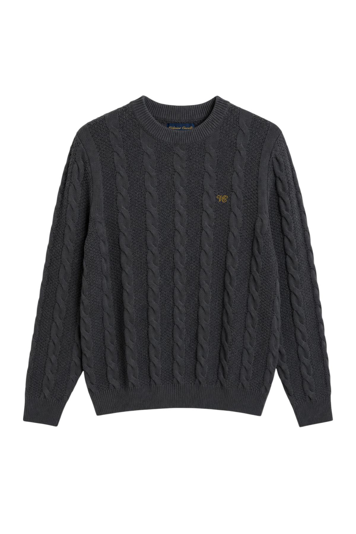 Velmior Cavelle charcoal grey wool blend cable knit sweater with a classic crew neck and embroidered logo detail.