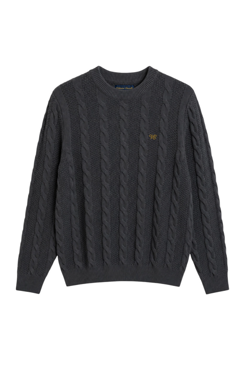Velmior Cavelle charcoal grey wool blend cable knit sweater with a classic crew neck and embroidered logo detail.
