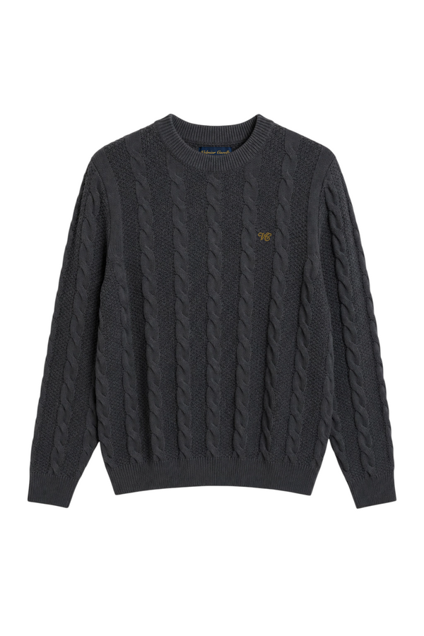 Velmior Cavelle charcoal grey wool blend cable knit sweater with a classic crew neck and embroidered logo detail.