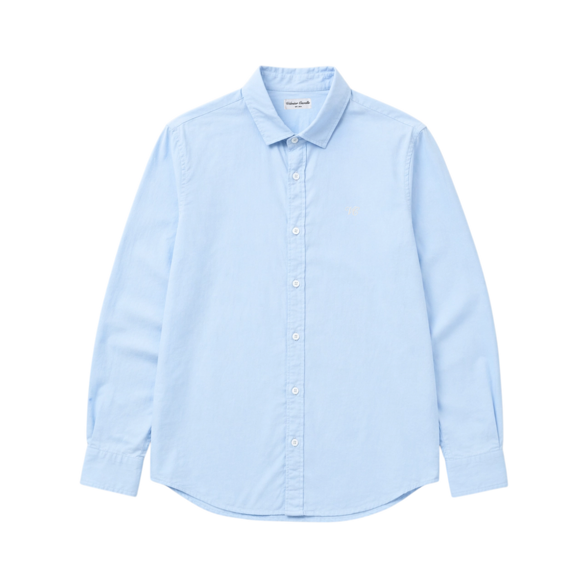 Velmior Cavelle baby blue long-sleeve linen shirt with a classic collar and subtle chest embroidery