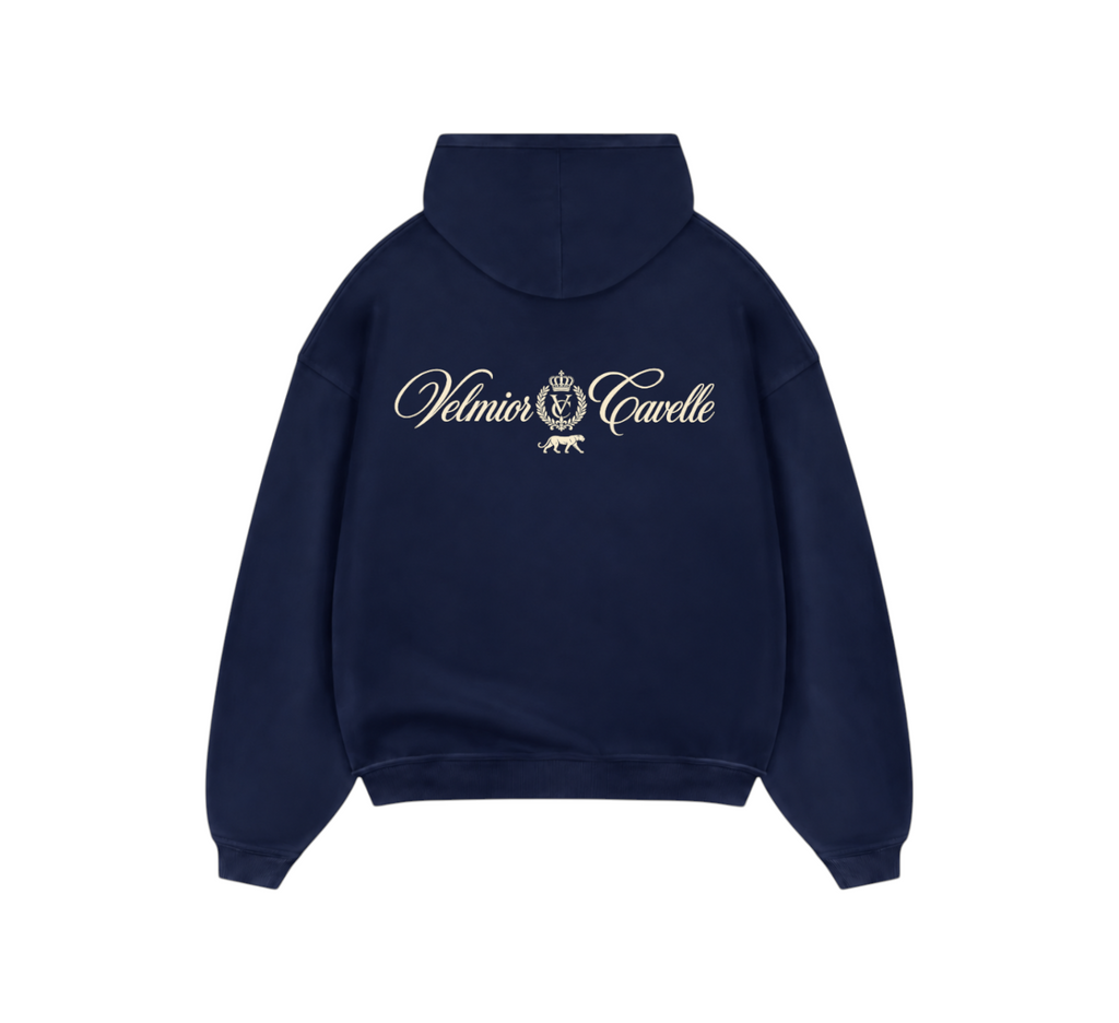 Velmior Cavelle navy blue hoodie featuring a white brand logo and crest on the back with a relaxed fit design.