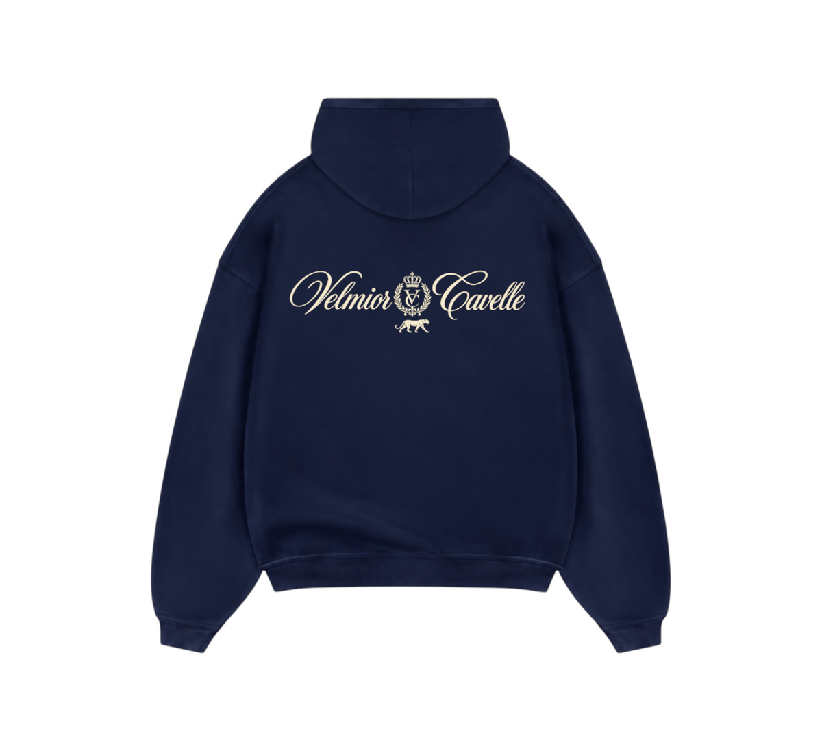 Velmior Cavelle navy blue hoodie featuring a white brand logo and crest on the back with a relaxed fit design.
