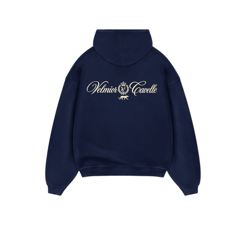 Velmior Cavelle navy blue hoodie featuring a white brand logo and crest on the back with a relaxed fit design.