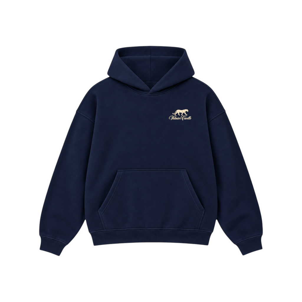 Velmior Cavelle navy blue cotton blend hoodie with a small leopard logo embroidery and kangaroo pocket.