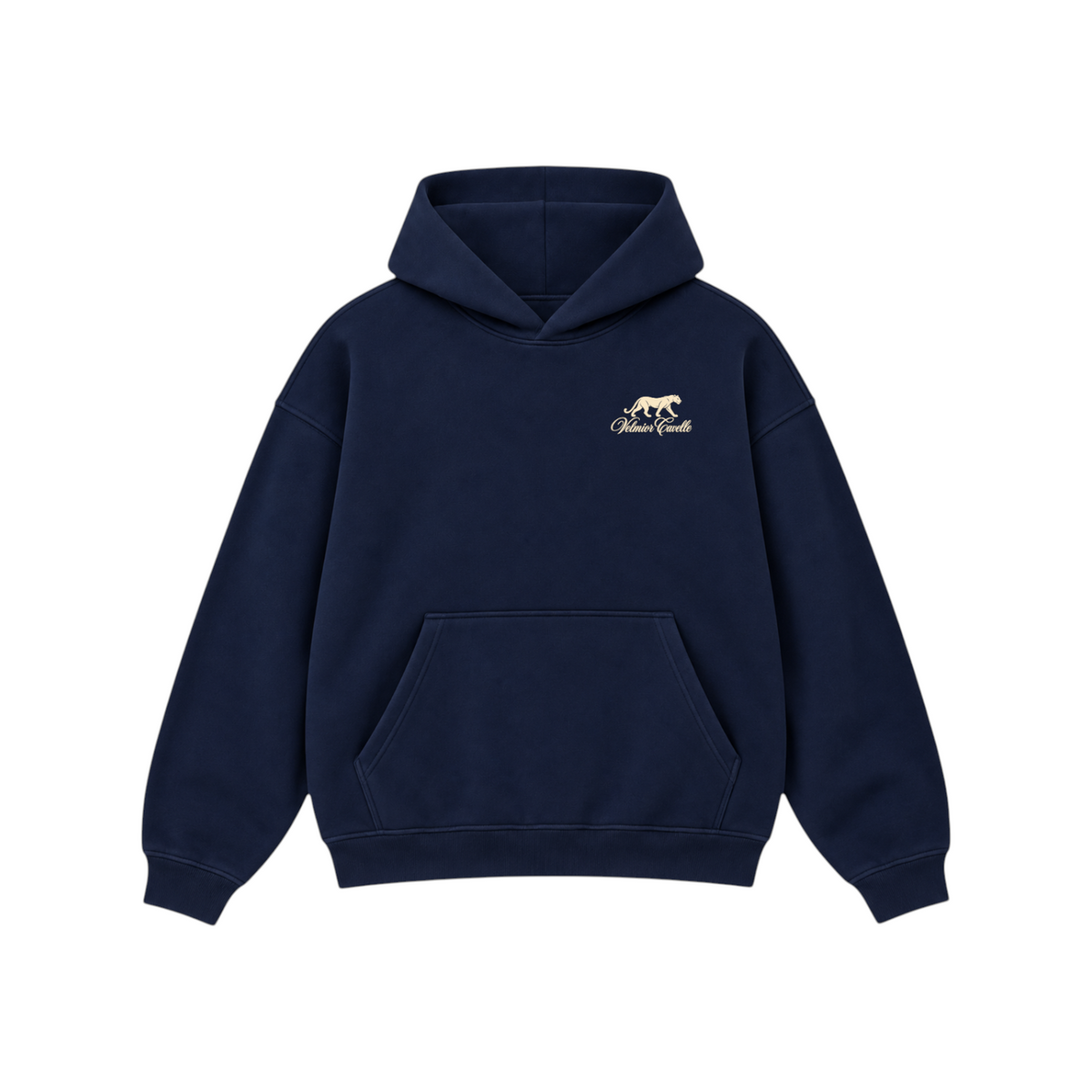 Velmior Cavelle navy blue cotton blend hoodie with a small leopard logo embroidery and kangaroo pocket.