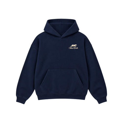 Velmior Cavelle navy blue cotton blend hoodie with a small leopard logo embroidery and kangaroo pocket.