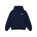 Velmior Cavelle navy heritage hoodie with a relaxed fit, front kangaroo pocket, and embroidered brand logo.