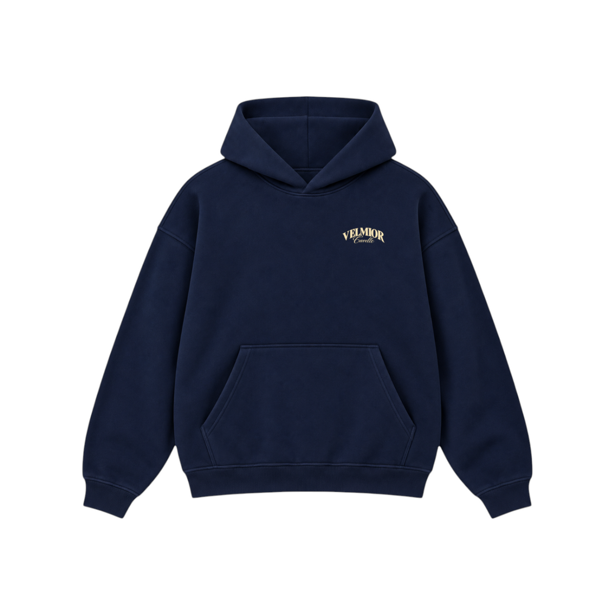 Velmior Cavelle navy heritage hoodie with a relaxed fit, front kangaroo pocket, and embroidered brand logo.