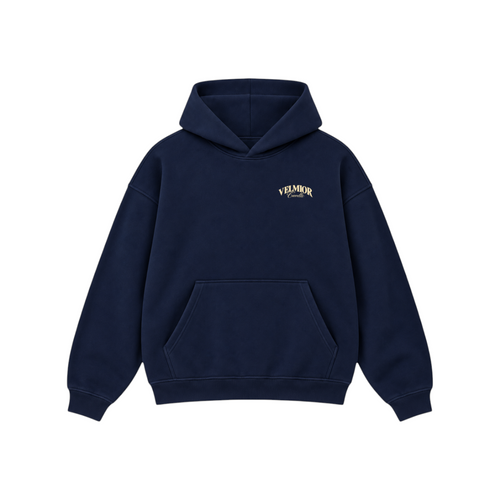 Velmior Cavelle navy heritage hoodie with a relaxed fit, front kangaroo pocket, and embroidered brand logo.