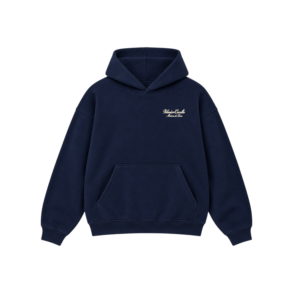Velmior Cavelle Maison de Luxe navy blue hoodie with minimalist gold embroidery and a front kangaroo pocket.