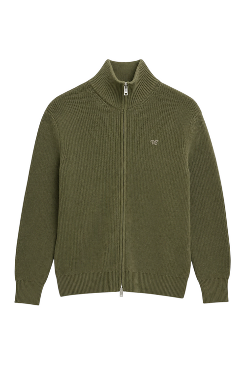 Velmior Cavelle khaki zip-up sweater in soft ribbed knit with a high collar and subtle chest embroidery