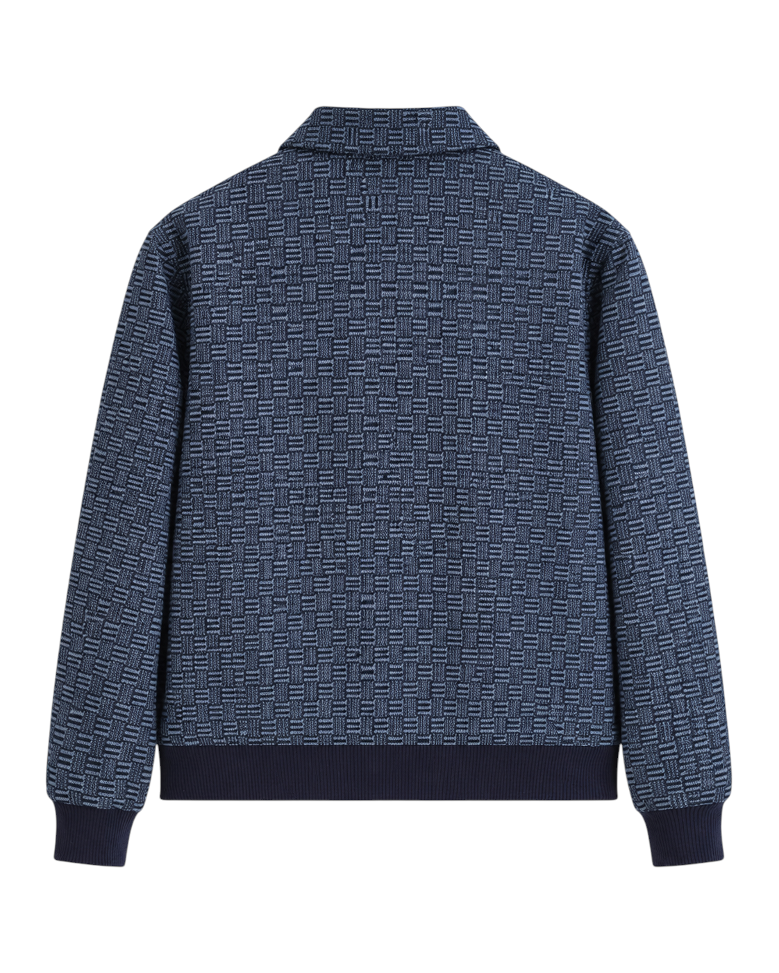 Velmior Cavelle vintage patterned jacket in navy blue with a textured geometric weave and ribbed cuffs and hem.