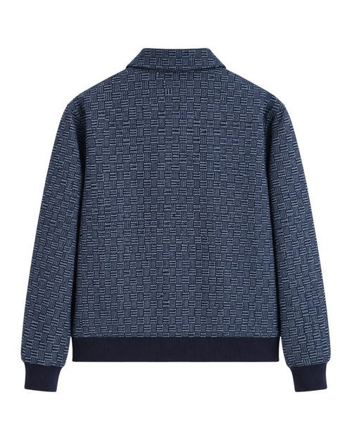 Velmior Cavelle vintage patterned jacket in navy blue with a textured geometric weave and ribbed cuffs and hem.