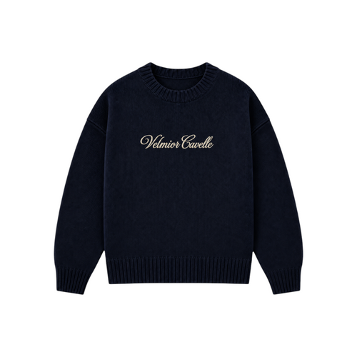 Velmior Cavelle navy blue crewneck sweater with elegant white embroidered logo on the chest