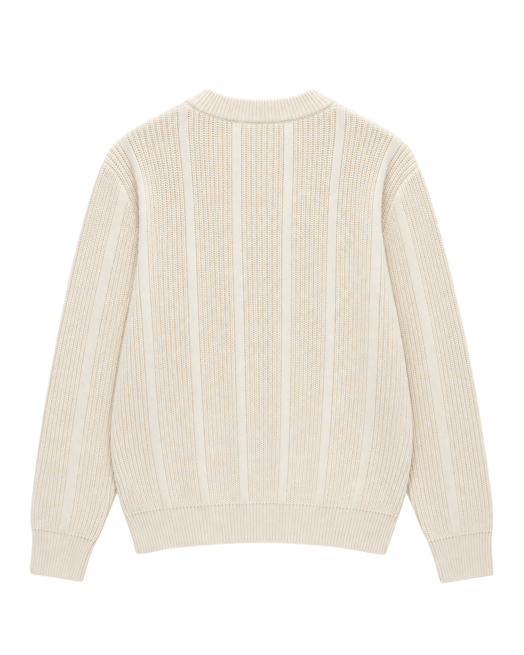 Velmior Cavelle cream ribbed round neck sweater with a structured knit pattern, shown from the back.