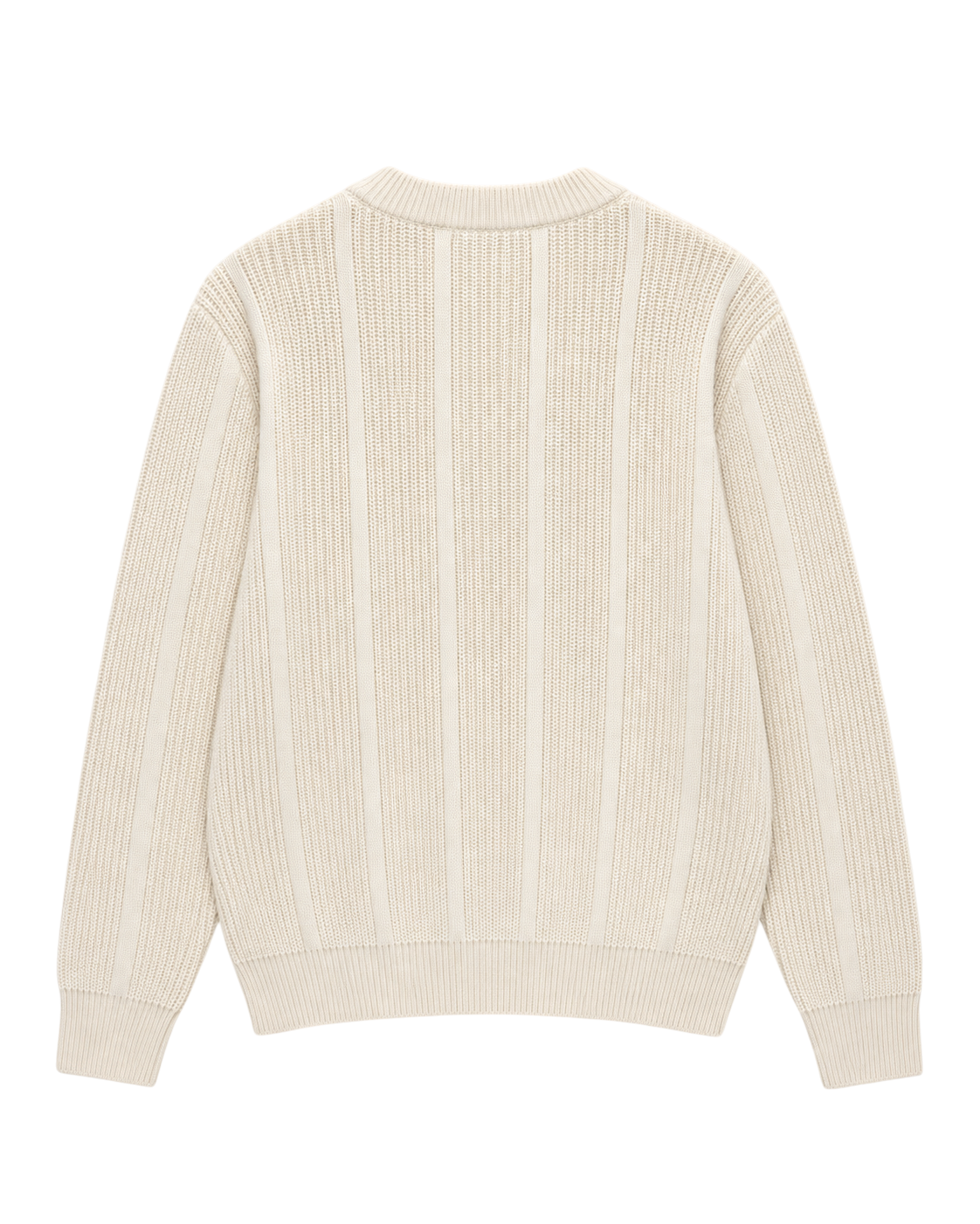 Velmior Cavelle cream ribbed round neck sweater with a structured knit pattern, shown from the back.