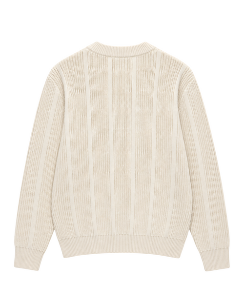 Velmior Cavelle cream ribbed round neck sweater with a structured knit pattern, shown from the back.