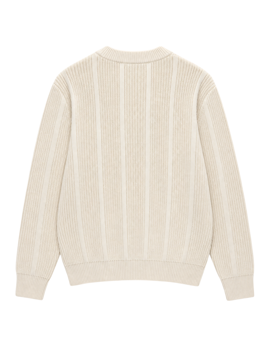 Velmior Cavelle cream ribbed round neck sweater with a structured knit pattern, shown from the back.