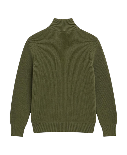 Velmior Cavelle khaki zip-up sweater with a ribbed knit texture and high collar, shown from the back.